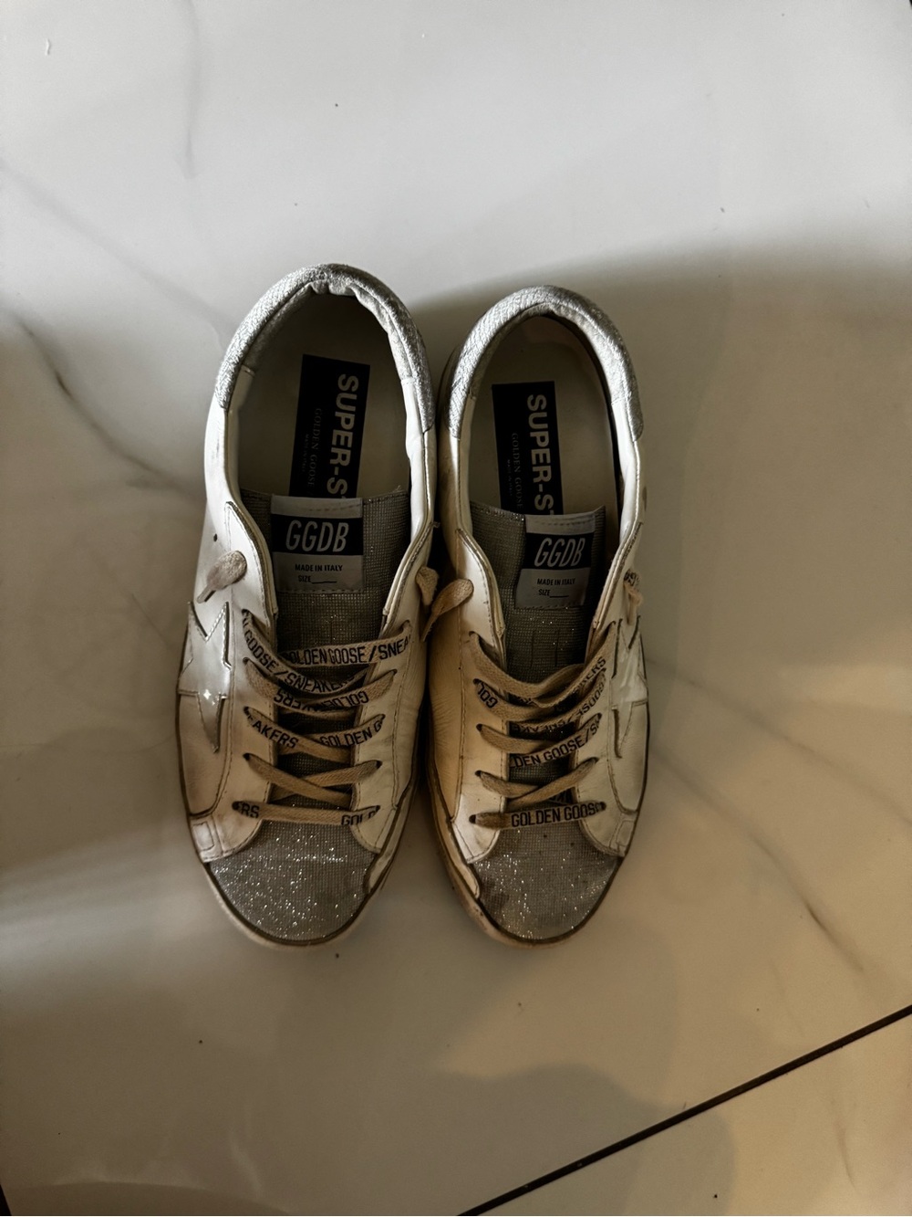 Golden Goose Women's White Sneakers with Silver Glitter Toe , size 40